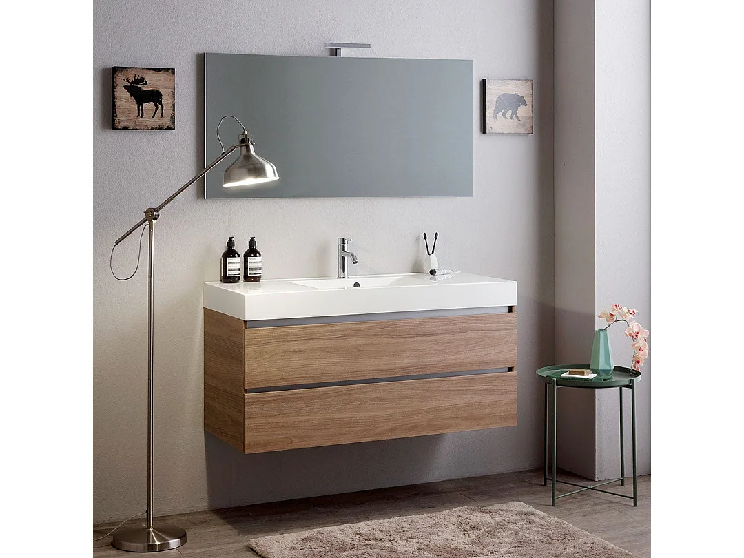 Meuble De Salle De Bains Suspendu 120Cm 2 Tiroirs Chêne Naturel, Lavabo Et Miroir 120X60 | Valentina