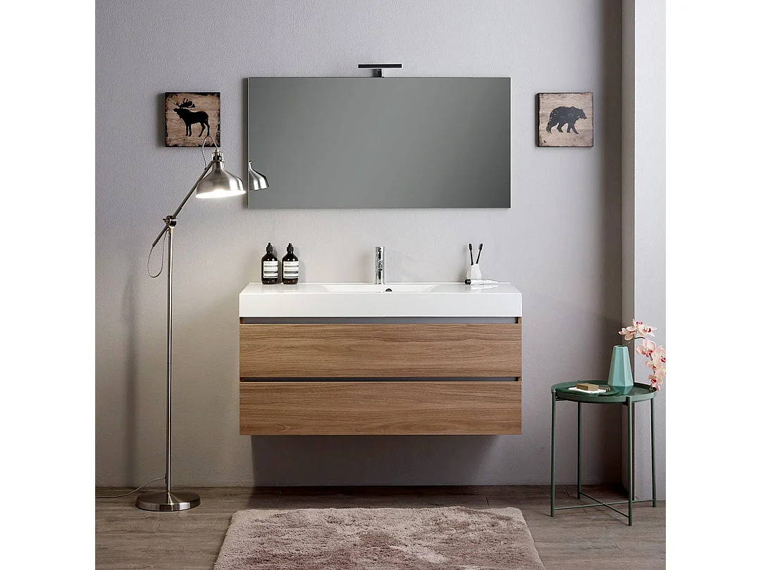 Meuble De Salle De Bains Suspendu 120Cm 2 Tiroirs Chêne Naturel, Lavabo Et Miroir 120X60 | Valentina