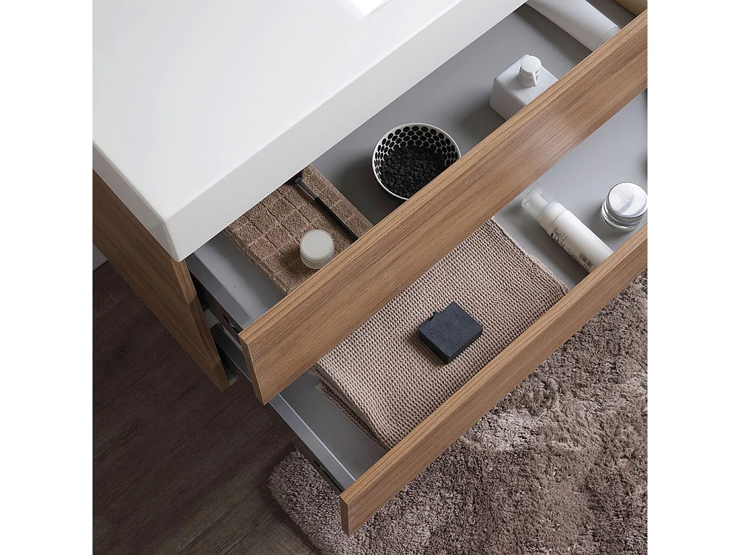 Meuble De Salle De Bains Suspendu 120Cm 2 Tiroirs Chêne Naturel, Lavabo Et Miroir 120X60 | Valentina