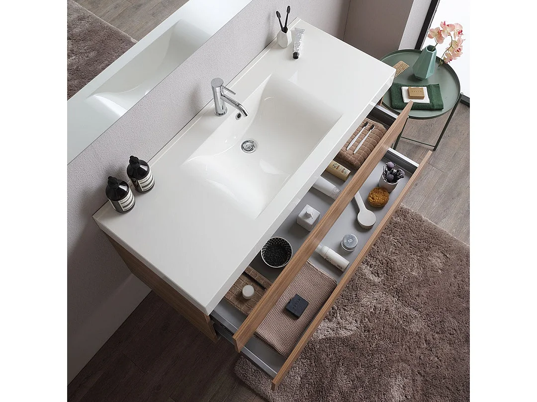 Meuble De Salle De Bains Suspendu 120Cm 2 Tiroirs Chêne Naturel, Lavabo Et Miroir 120X60 | Valentina