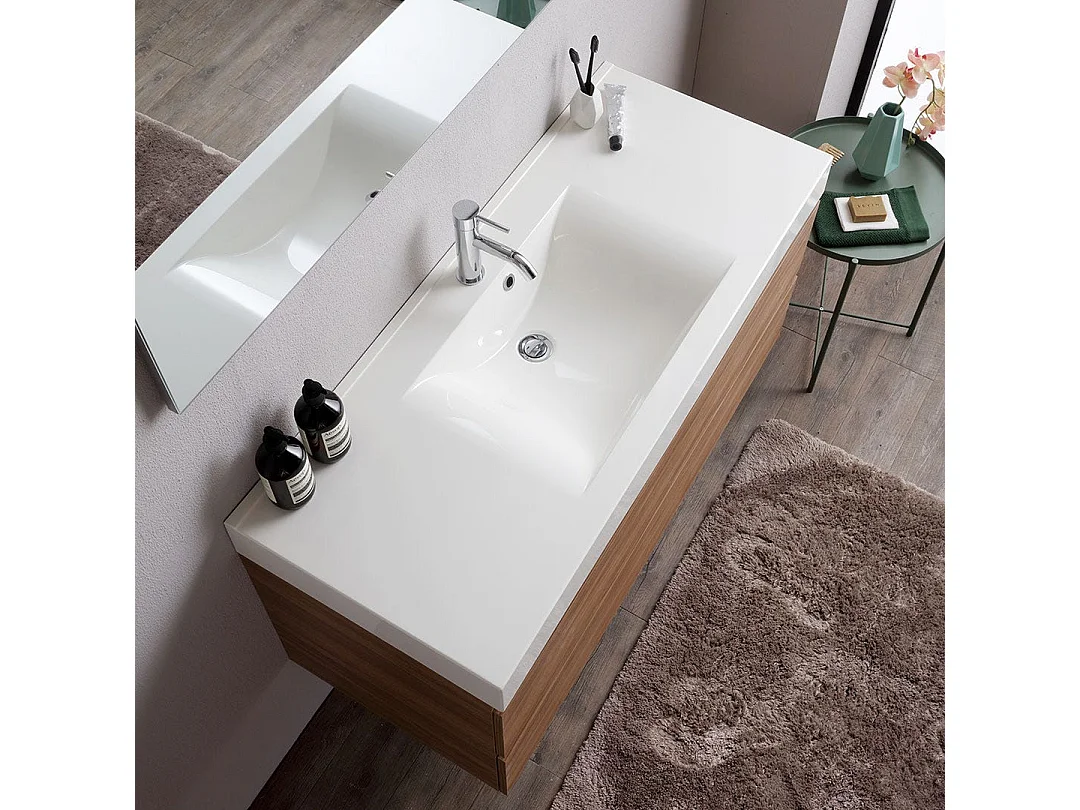 Meuble De Salle De Bains Suspendu 120Cm 2 Tiroirs Chêne Naturel, Lavabo Et Miroir 120X60 | Valentina