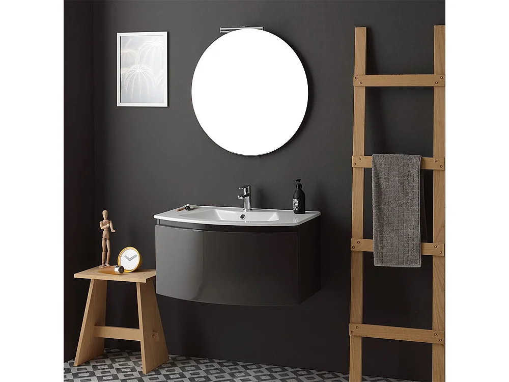Armoire De Toilette Avec Vasque Murale Gris Anthracite Miroir Rond | Riva