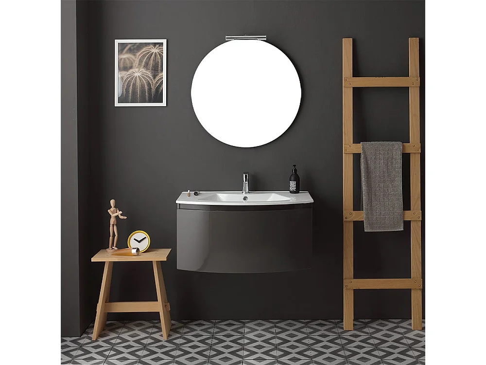 Armoire De Toilette Avec Vasque Murale Gris Anthracite Miroir Rond | Riva