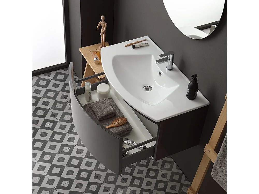 Armoire De Toilette Avec Vasque Murale Gris Anthracite Miroir Rond | Riva