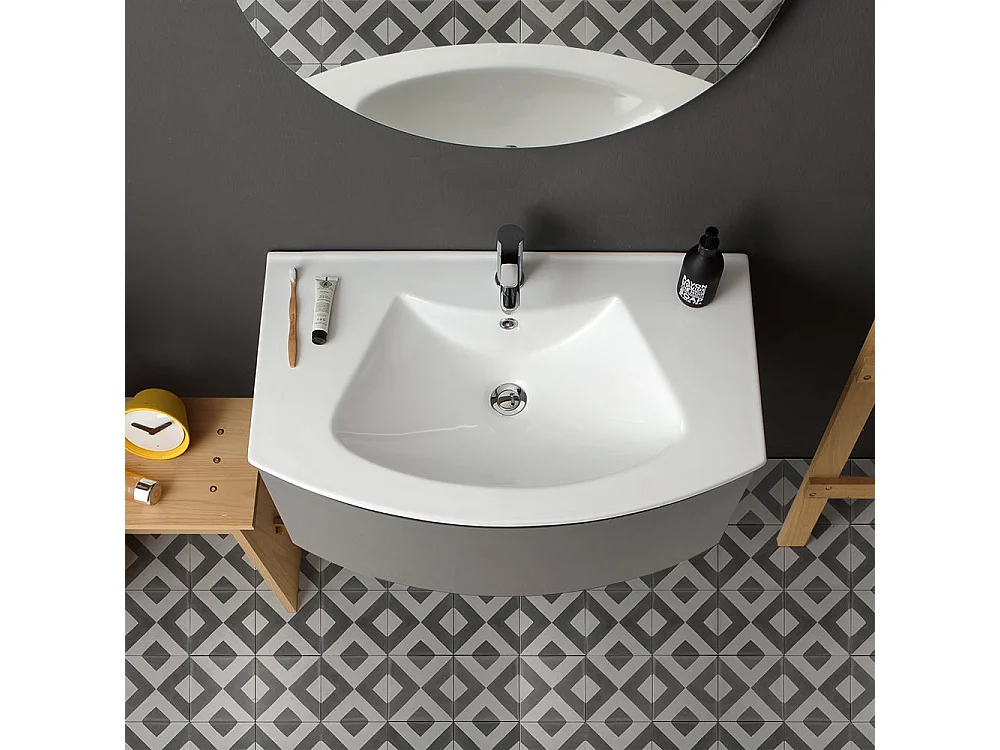 Armoire De Toilette Avec Vasque Murale Gris Anthracite Miroir Rond | Riva
