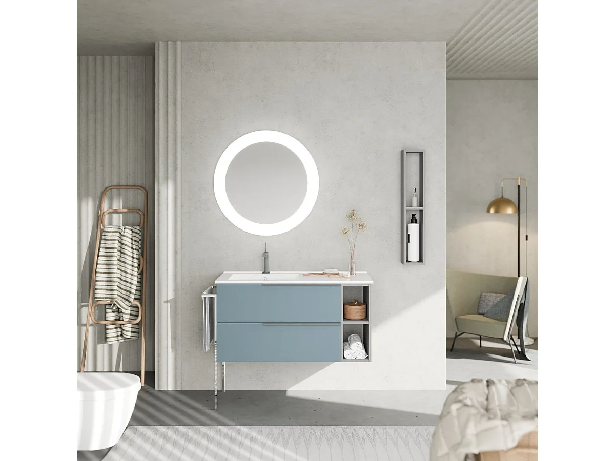 Meuble De Salle De Bains Mural 100 Cm Bleu Clair Mat Et Lavabo Asymétrique | New York