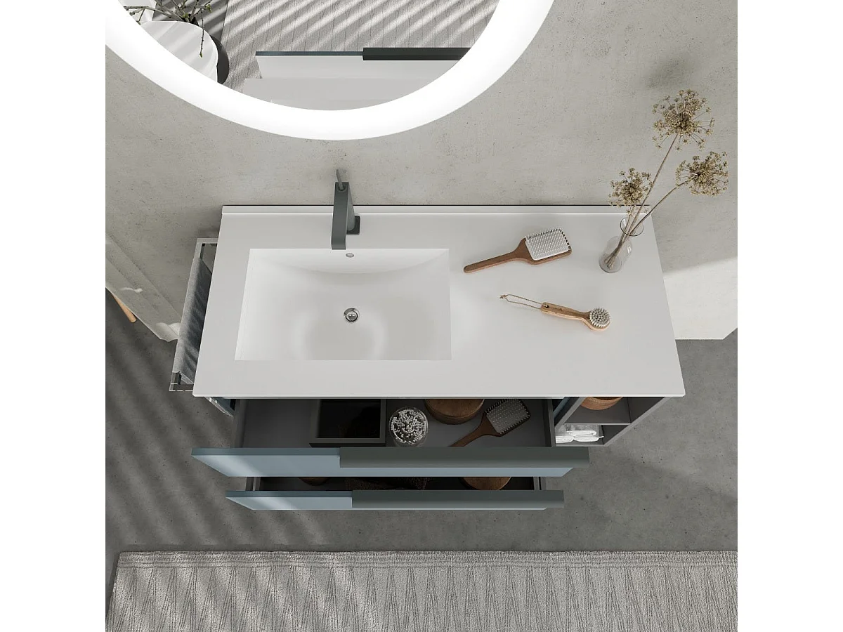 Meuble De Salle De Bains Mural 100 Cm Bleu Clair Mat Et Lavabo Asymétrique | New York