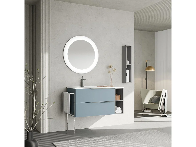 Meuble De Salle De Bains Mural 100 Cm Bleu Clair Mat Et Lavabo Asymétrique | New York