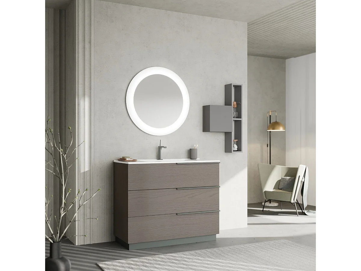 Meuble De Salle De Bain Sur Pied Tiroirs 100Cm Gris Miroir Rond À Led | New York