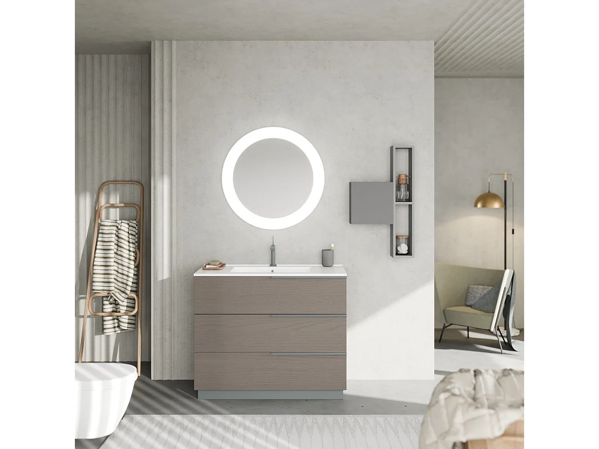 Meuble De Salle De Bain Sur Pied Tiroirs 100Cm Gris Miroir Rond À Led | New York