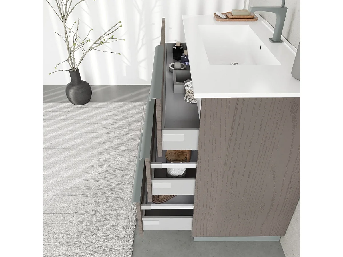 Meuble De Salle De Bain Sur Pied Tiroirs 100Cm Gris Miroir Rond À Led | New York