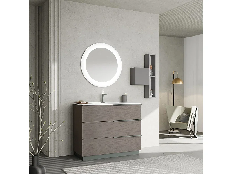Meuble De Salle De Bain Sur Pied Tiroirs 100Cm Gris Miroir Rond À Led | New York