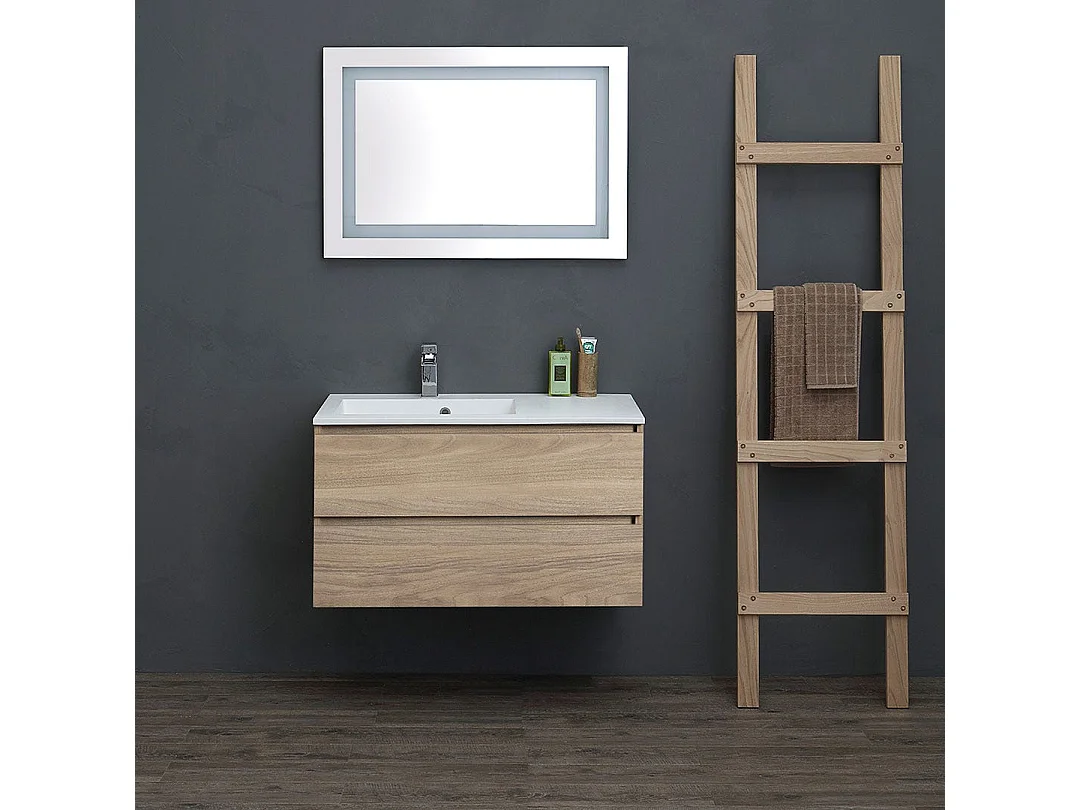 Meuble De Salle De Bain 90Cm En Chêne Avec Vasque Asymétrique Et Miroir Led | Valentina