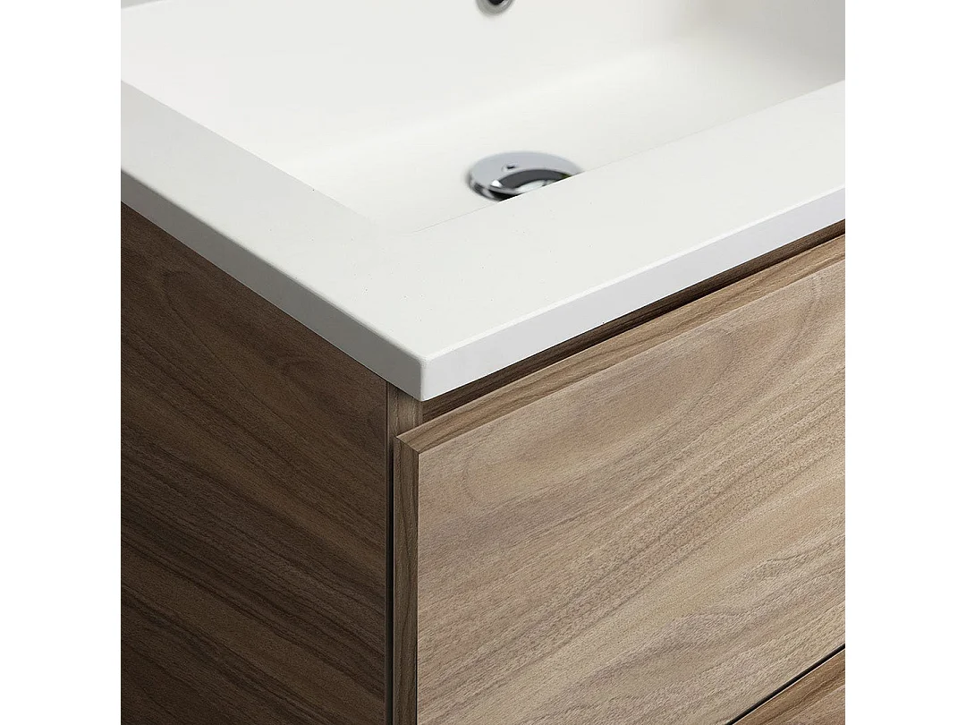 Meuble De Salle De Bain 90Cm En Chêne Avec Vasque Asymétrique Et Miroir Led | Valentina