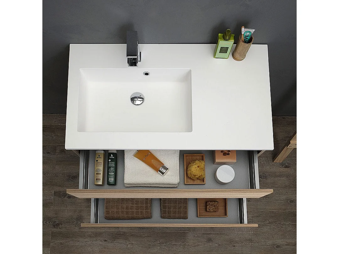 Meuble De Salle De Bain 90Cm En Chêne Avec Vasque Asymétrique Et Miroir Led | Valentina