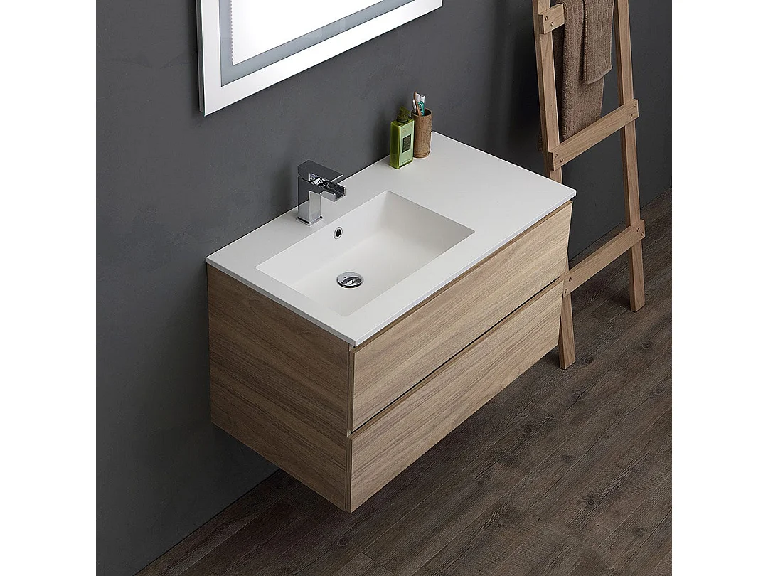 Meuble De Salle De Bain 90Cm En Chêne Avec Vasque Asymétrique Et Miroir Led | Valentina