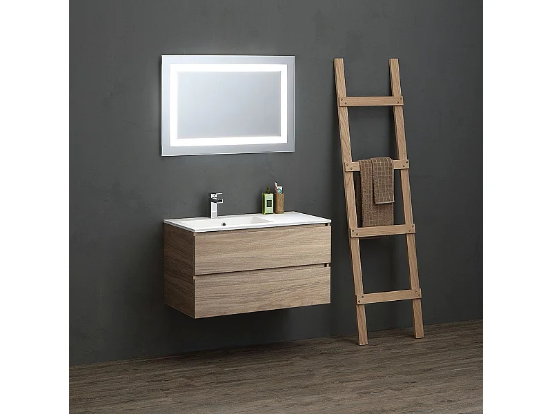 Meuble De Salle De Bain 90Cm En Chêne Avec Vasque Asymétrique Et Miroir Led | Valentina