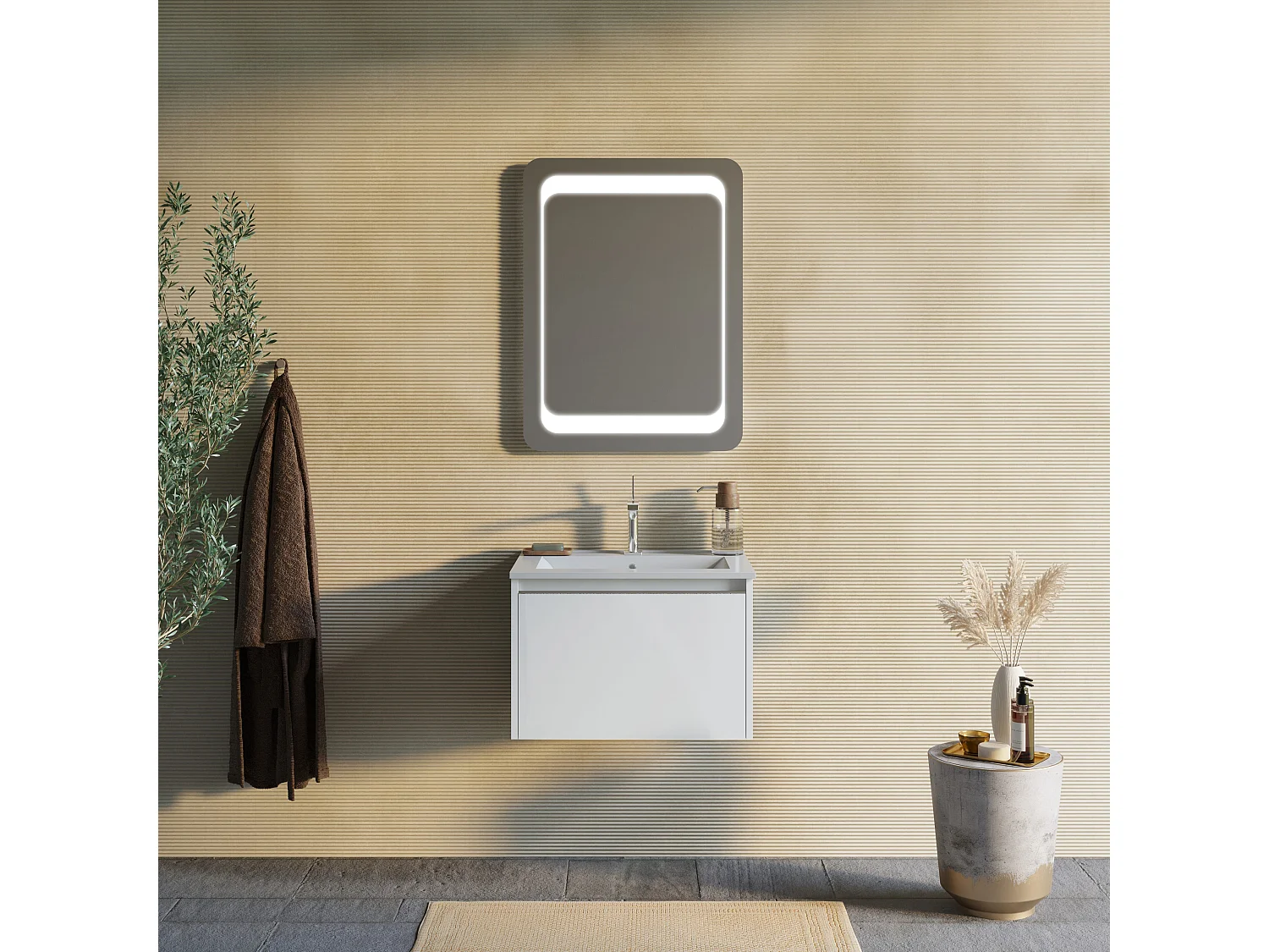 Armoire De Toilette Murale 60Cm Blanc Mat Avec Miroir 60X80 Led | Monaco