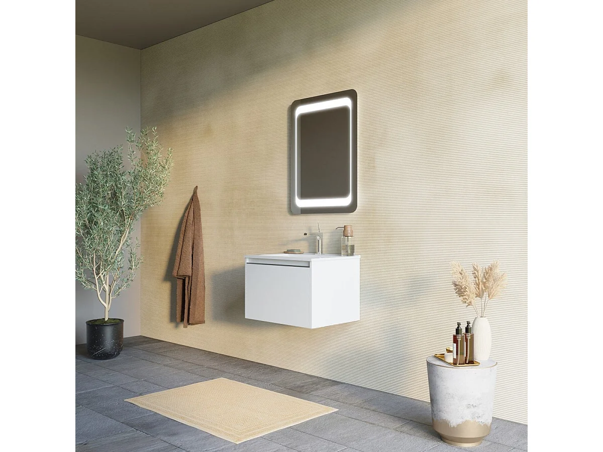 Armoire De Toilette Murale 60Cm Blanc Mat Avec Miroir 60X80 Led | Monaco