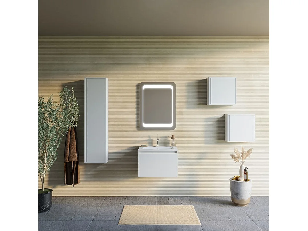 Armoire De Toilette Murale 60Cm Blanc Mat Avec Miroir 60X80 Led | Monaco