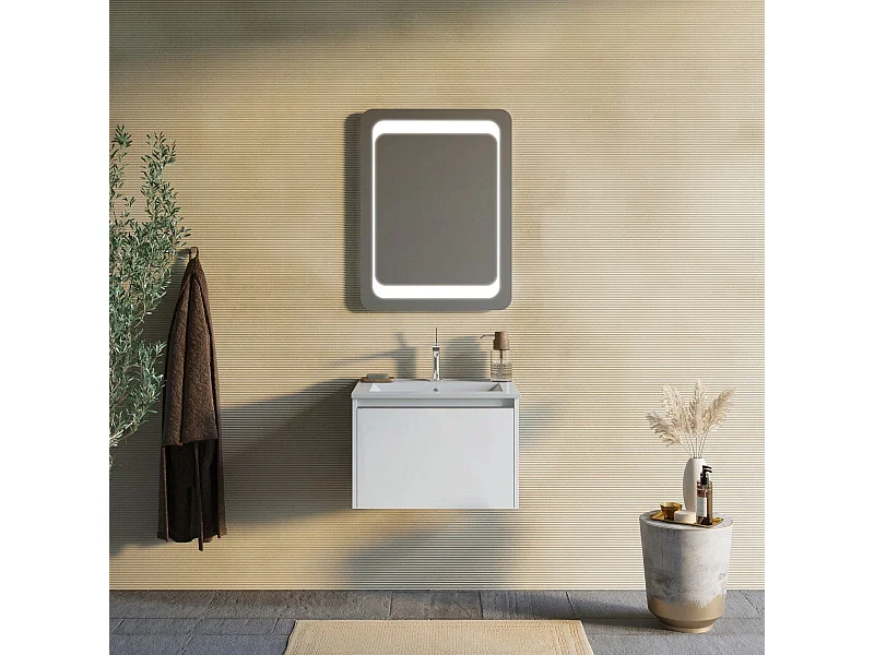 Armoire De Toilette Murale 60Cm Blanc Mat Avec Miroir 60X80 Led | Monaco