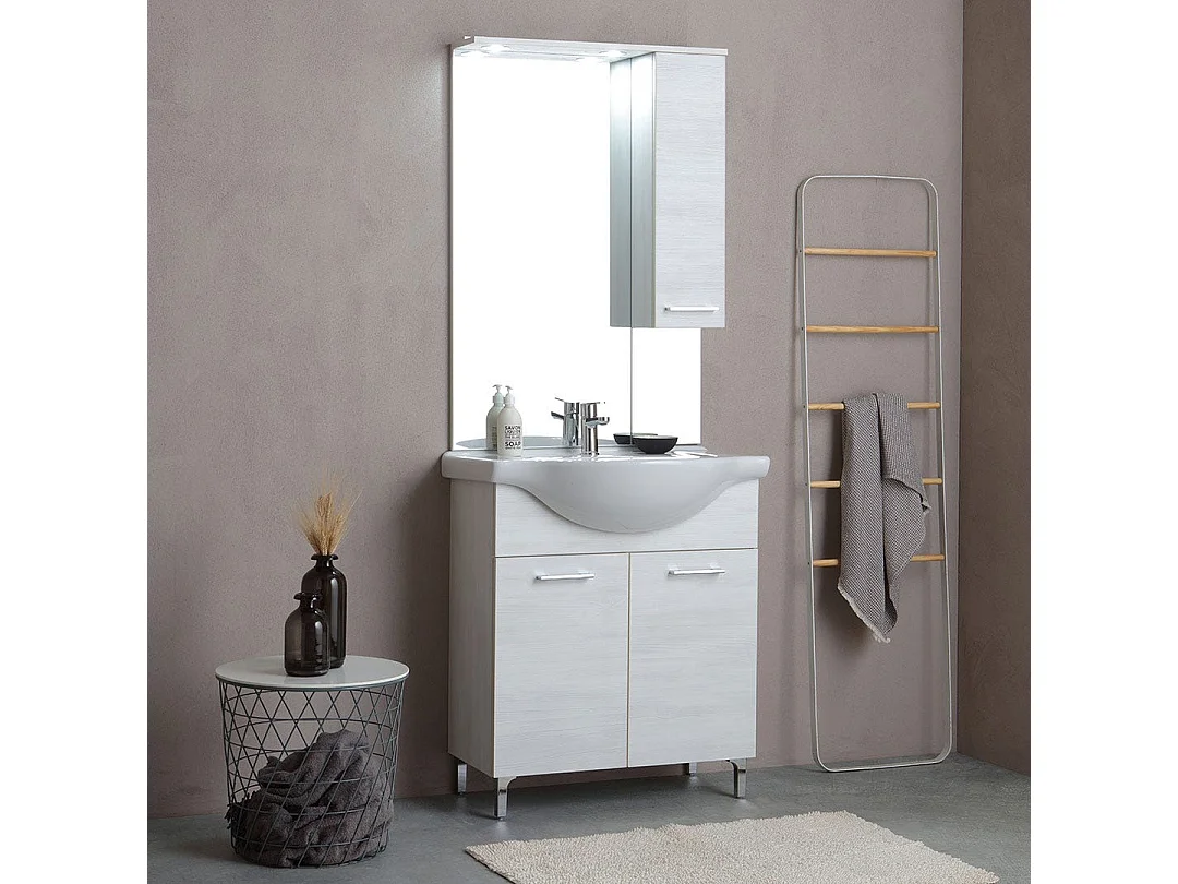 Meuble De Salle De Bains Sur Pied 75Cm Chêne Blanc Effet Bois  | Rimini