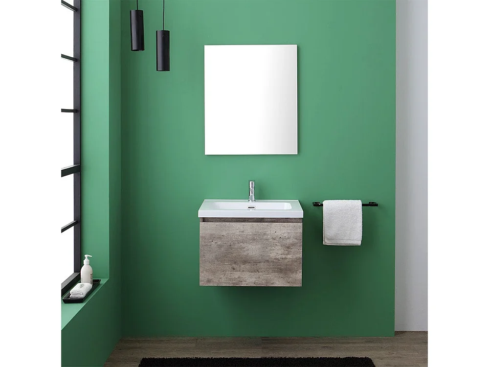 Meuble De Salle De Bain Suspendu 60Cm Avec Effet Ciment Et Miroir Avec Bords Polis | Madrid