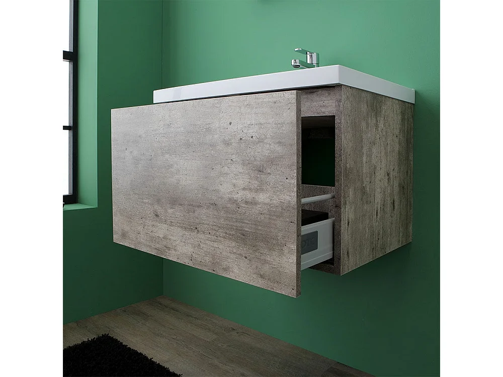 Meuble De Salle De Bain Suspendu 60Cm Avec Effet Ciment Et Miroir Avec Bords Polis | Madrid