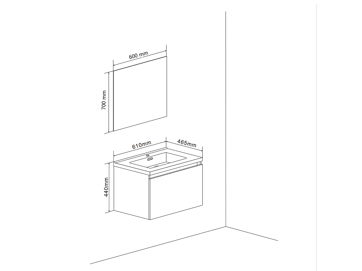 Meuble De Salle De Bain Suspendu 60Cm Avec Effet Ciment Et Miroir Avec Bords Polis | Madrid