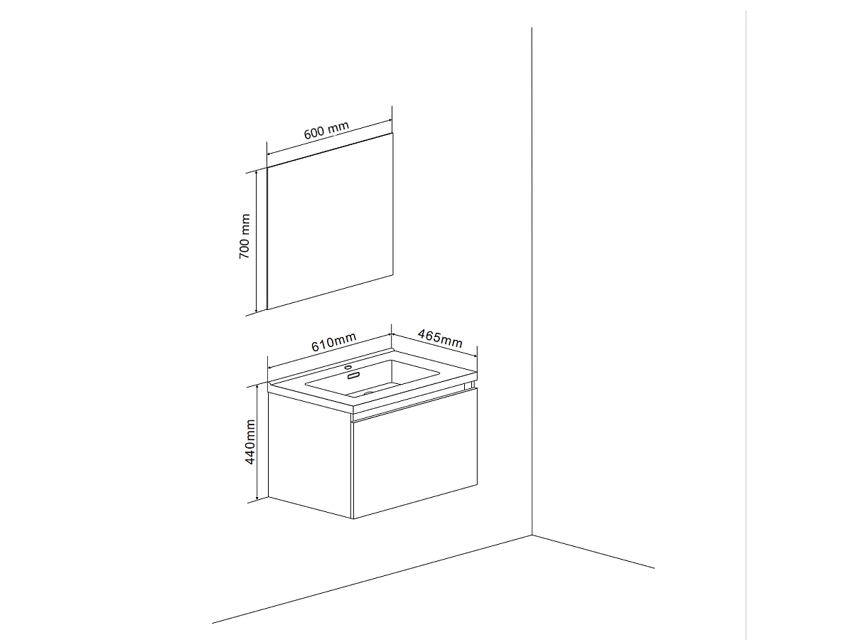 Meuble De Salle De Bain Suspendu 60Cm Avec Effet Ciment Et Miroir Avec Bords Polis | Madrid