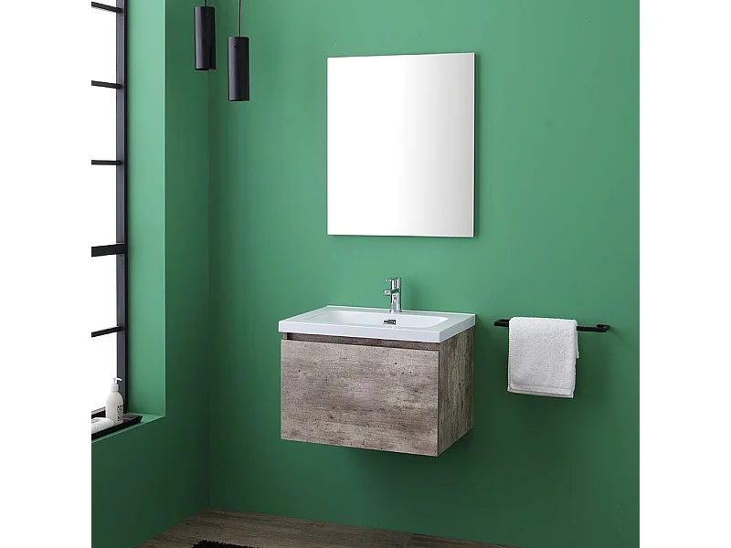 Meuble De Salle De Bain Suspendu 60Cm Avec Effet Ciment Et Miroir Avec Bords Polis | Madrid