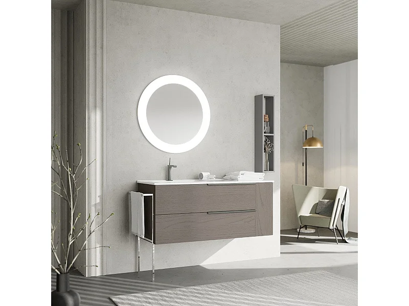 Meuble De Salle De Bain Mural En Frêne Gris De 120 Cm Avec Tiroirs + Compartiment Ouvert | New York