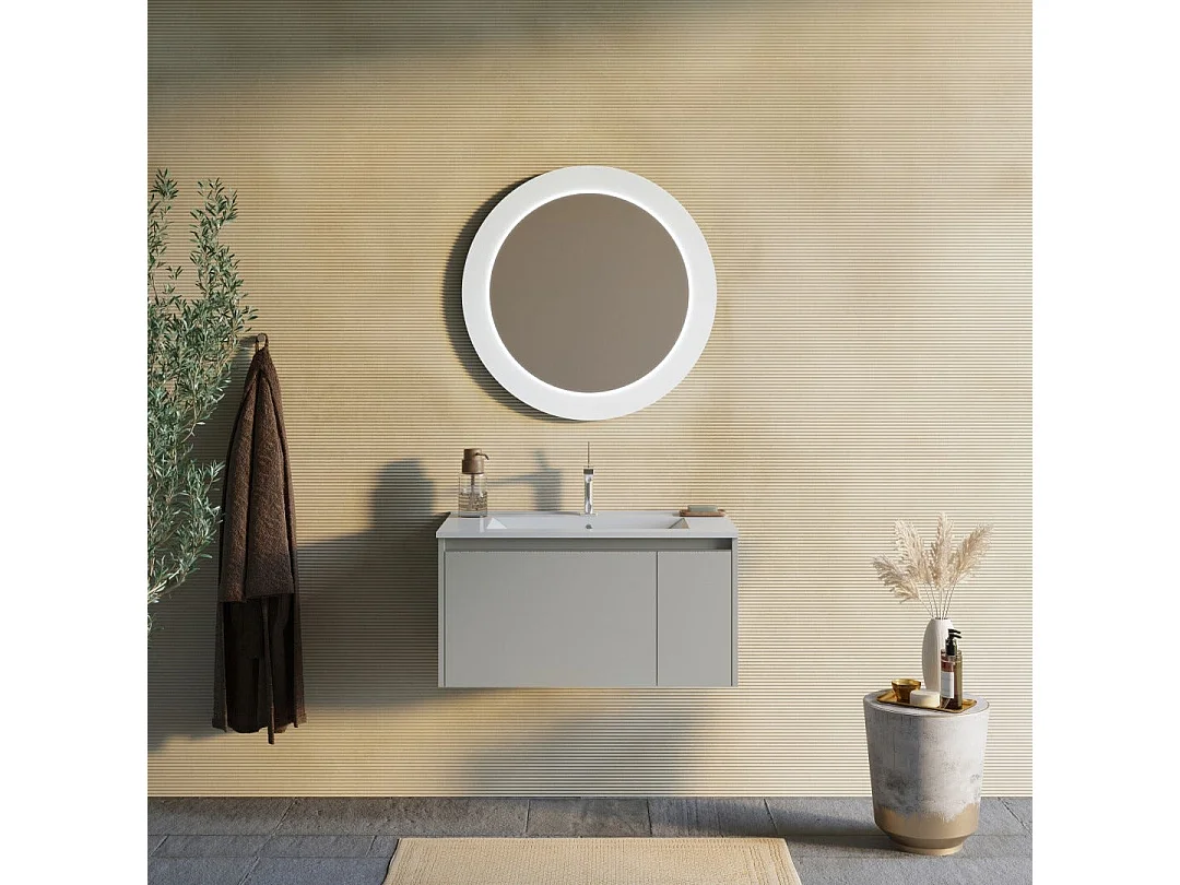 Armoire De Toilette 80Cm Beige Sable Avec Miroir Rond Éclairé Par Led | Monaco