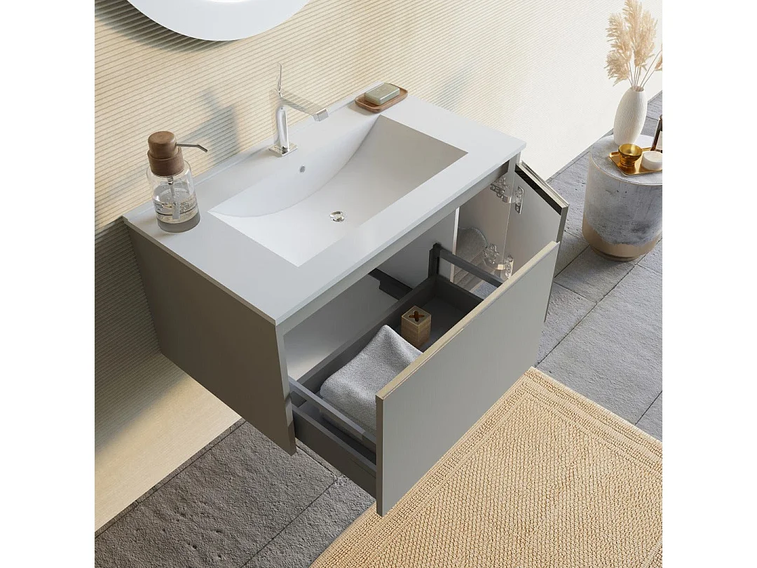 Armoire De Toilette 80Cm Beige Sable Avec Miroir Rond Éclairé Par Led | Monaco