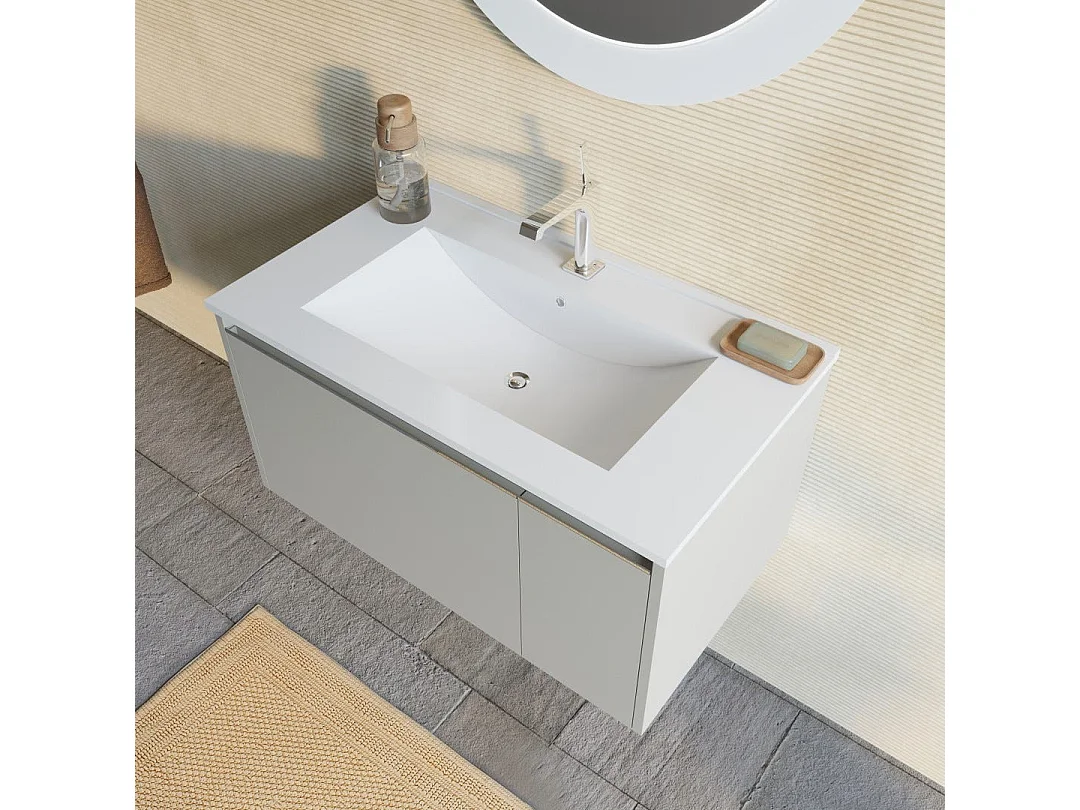 Armoire De Toilette 80Cm Beige Sable Avec Miroir Rond Éclairé Par Led | Monaco