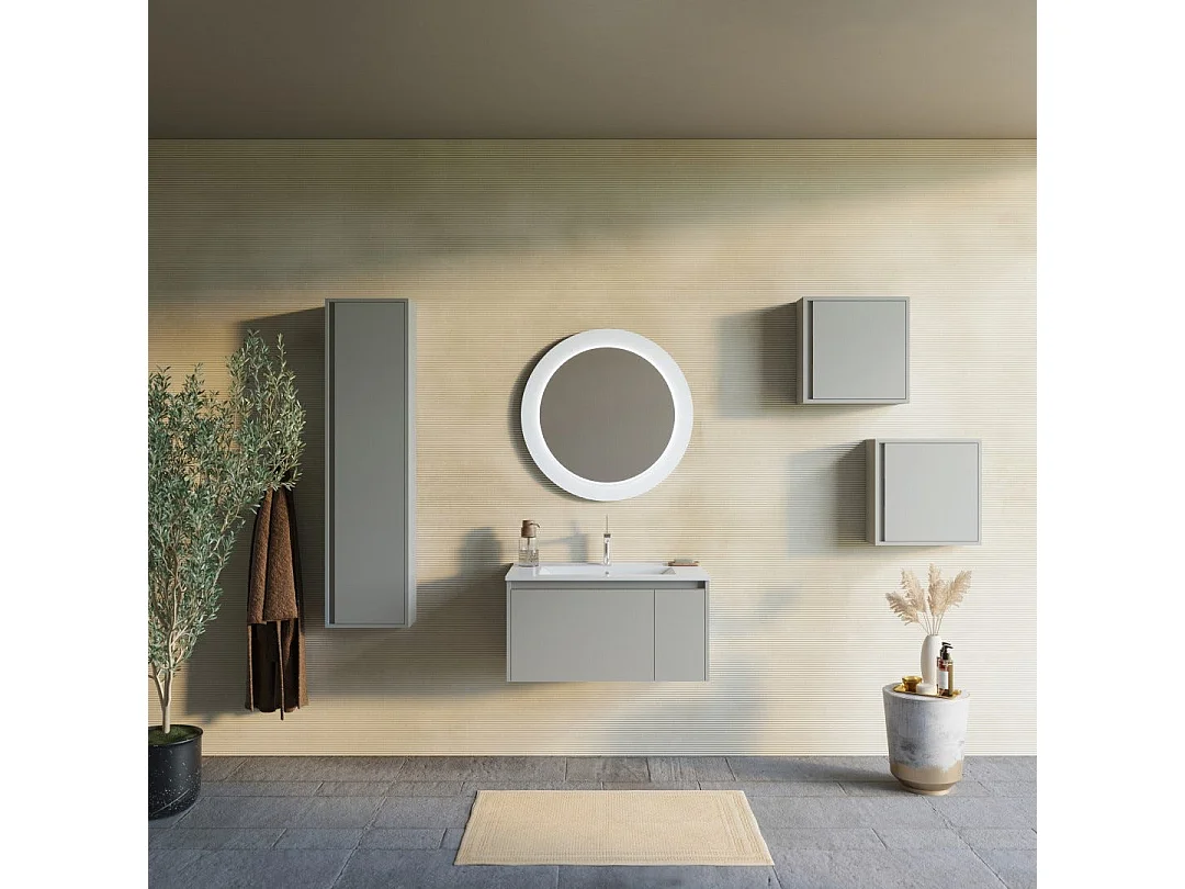 Armoire De Toilette 80Cm Beige Sable Avec Miroir Rond Éclairé Par Led | Monaco