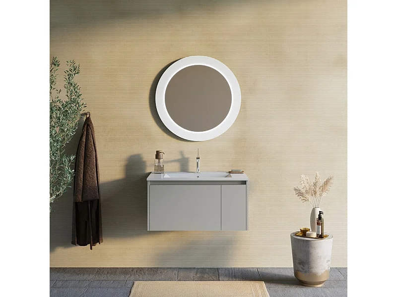 Armoire De Toilette 80Cm Beige Sable Avec Miroir Rond Éclairé Par Led | Monaco