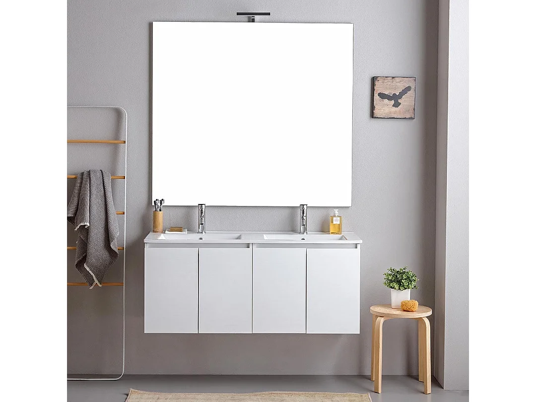 Meuble De Salle De Bains Suspendu 120Cm Blanc Avec Portes Et Miroir 120X110 | Bilbao