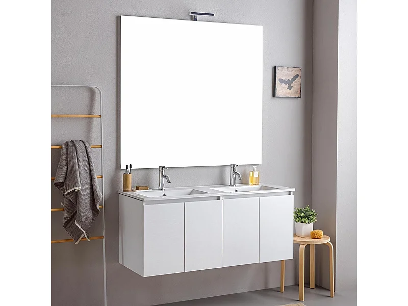 Meuble De Salle De Bains Suspendu 120Cm Blanc Avec Portes Et Miroir 120X110 | Bilbao
