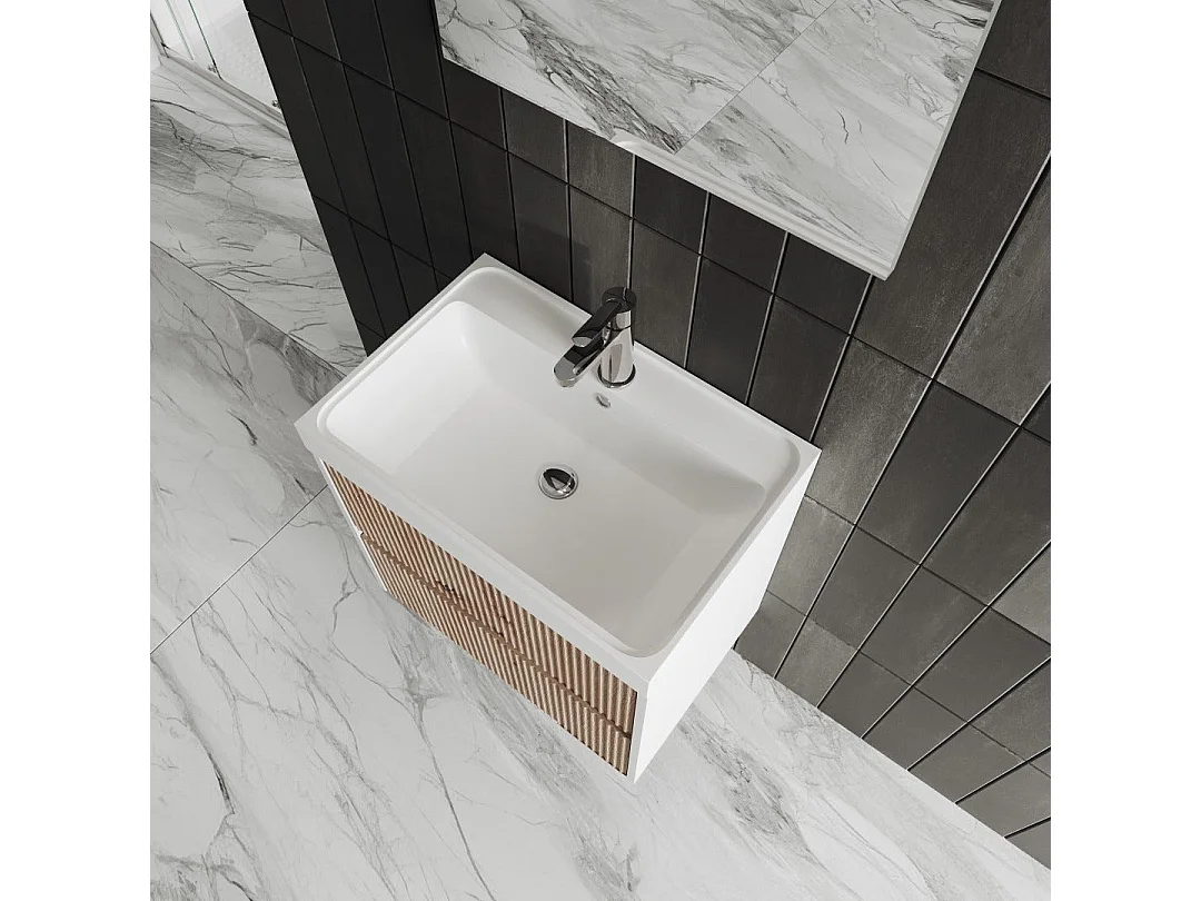 Mobile De Salle De Bain Suspendu 60Cm En Chêne Doré Cannelé | Cortina