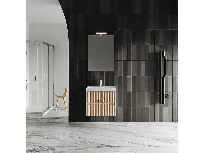 Mobile De Salle De Bain Suspendu 60Cm En Chêne Doré Cannelé | Cortina