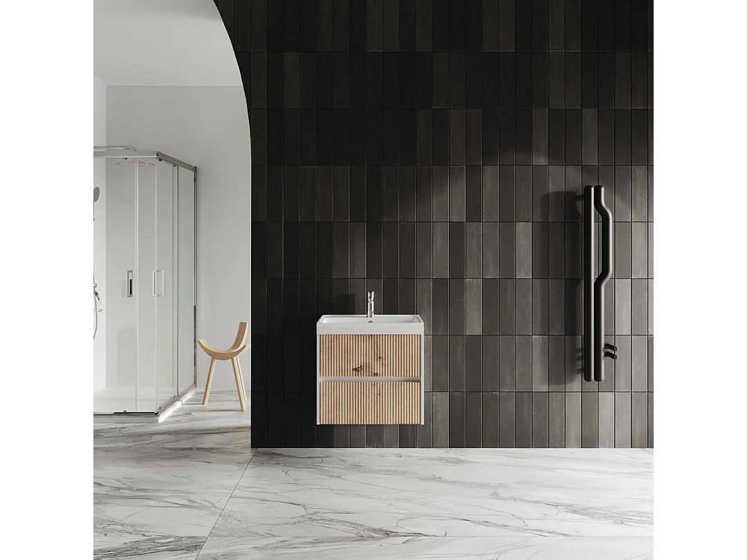 Meuble Suspendu Avec Lavabo 60Cm Chêne Doré Cannelé | Cortina