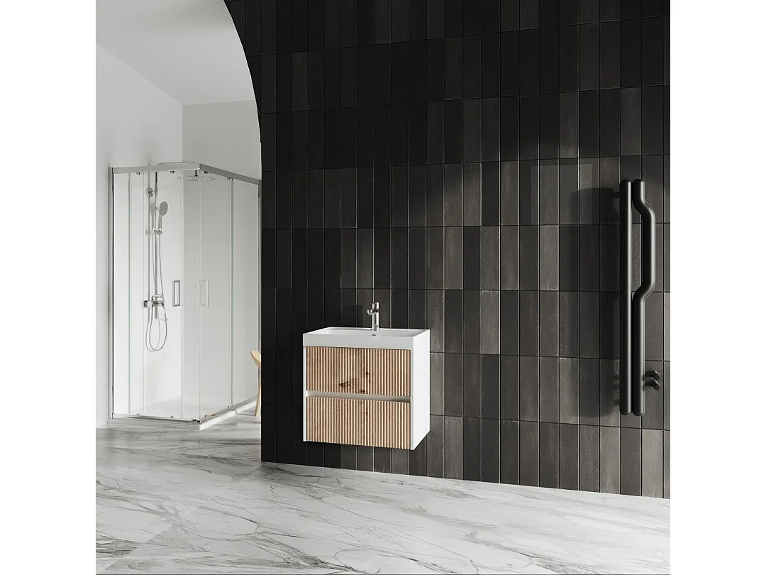 Meuble Suspendu Avec Lavabo 60Cm Chêne Doré Cannelé | Cortina