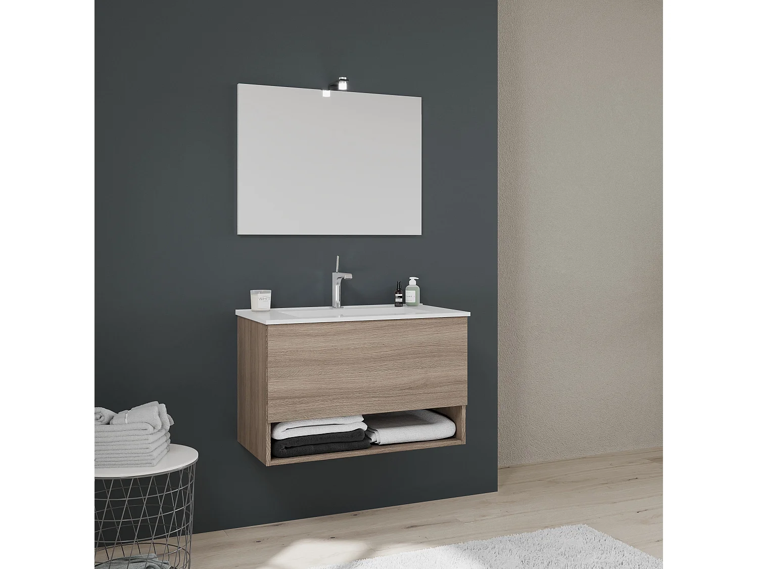 Meuble De Salle De Bain Avec Un Grand Tiroir Et Compartiment Ouvert 80Cm En Chêne Naturel | Venezia