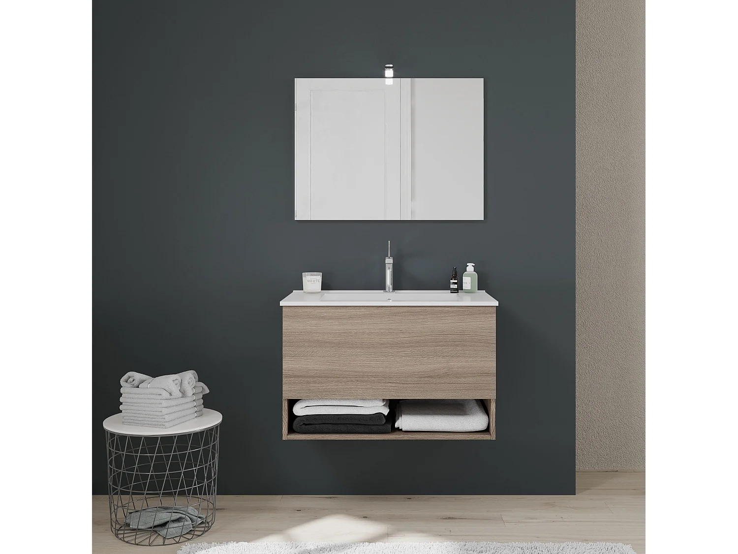 Meuble De Salle De Bain Avec Un Grand Tiroir Et Compartiment Ouvert 80Cm En Chêne Naturel | Venezia