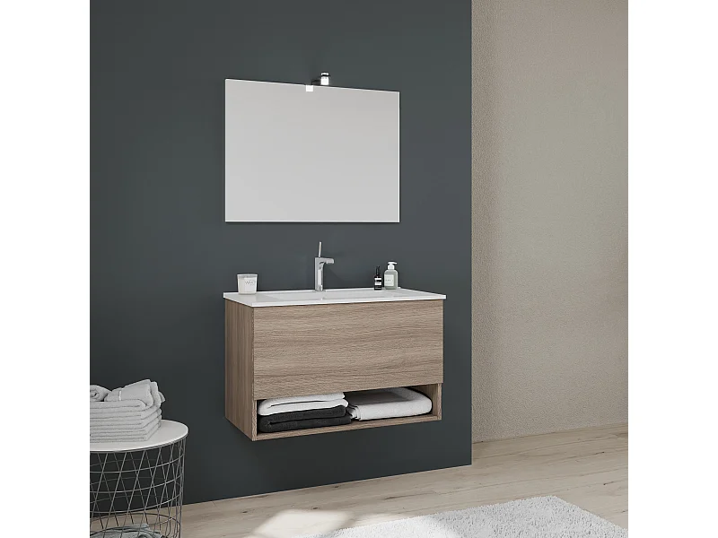 Meuble De Salle De Bain Avec Un Grand Tiroir Et Compartiment Ouvert 80Cm En Chêne Naturel | Venezia