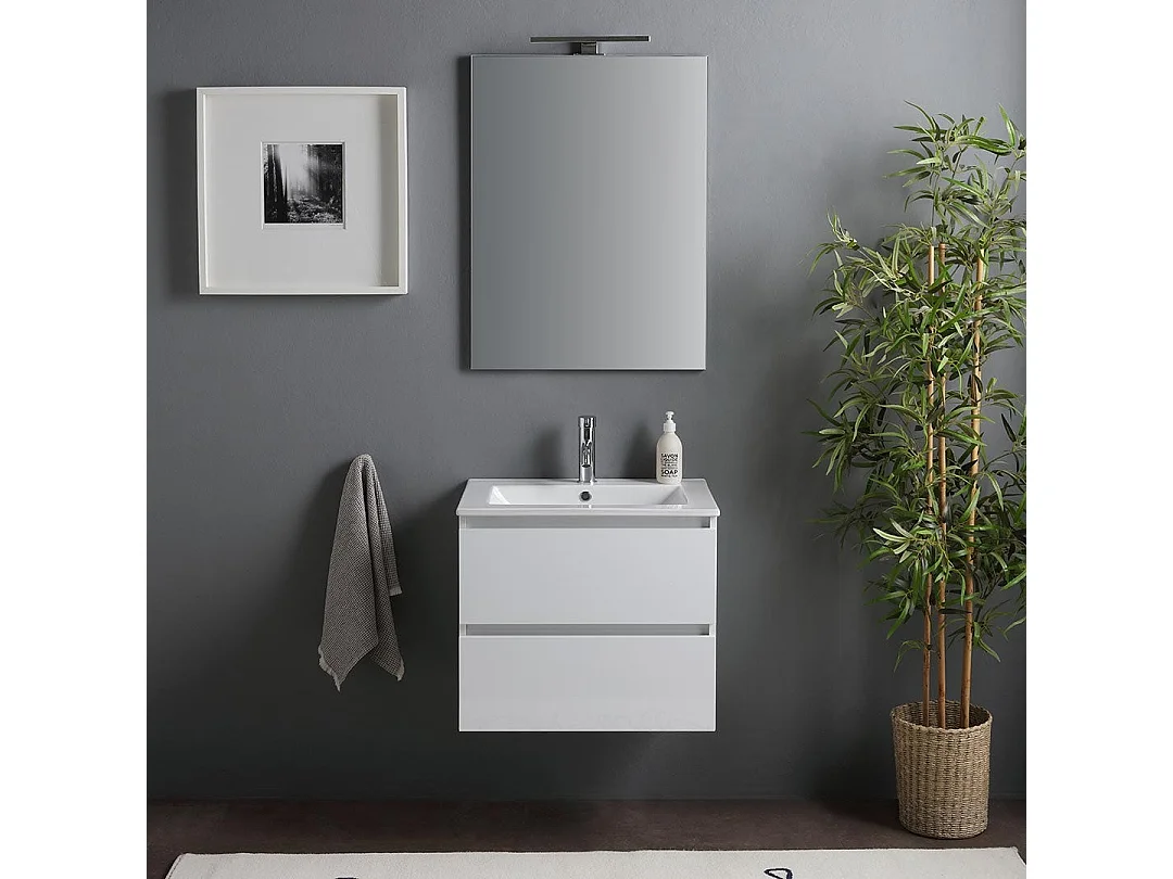 Meuble De Salle De Bain Suspendu Avec Lavabo 60Cm Et Tiroirs Blanc Brillant | Benaco