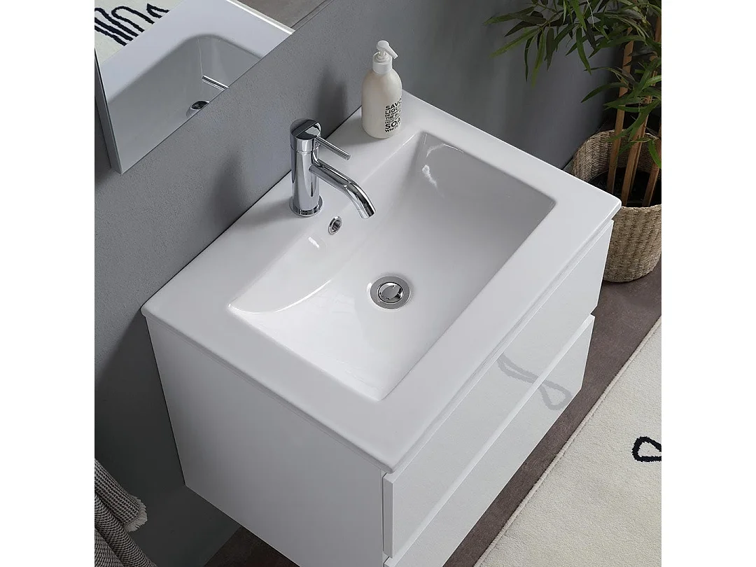 Meuble De Salle De Bain Suspendu Avec Lavabo 60Cm Et Tiroirs Blanc Brillant | Benaco