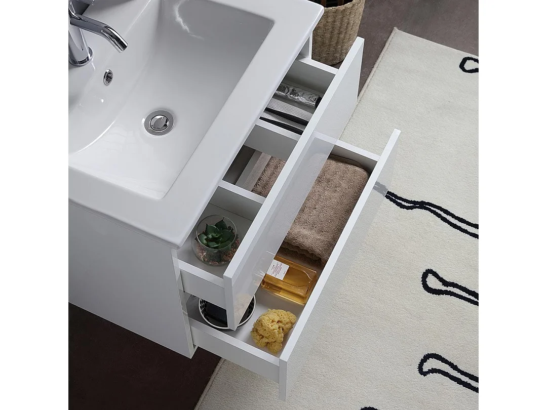 Meuble De Salle De Bain Suspendu Avec Lavabo 60Cm Et Tiroirs Blanc Brillant | Benaco