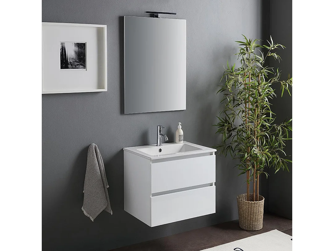 Meuble De Salle De Bain Suspendu Avec Lavabo 60Cm Et Tiroirs Blanc Brillant | Benaco